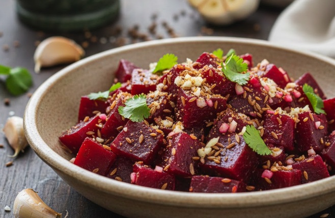     סלט סלק מבושל עם שום וכמון