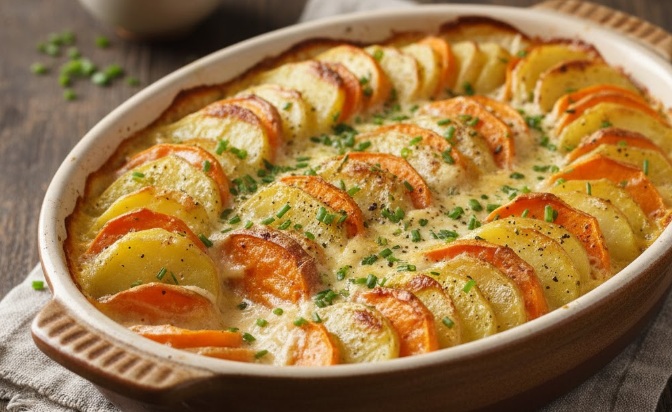 תפוחי אדמה ובטטות בשמנת.